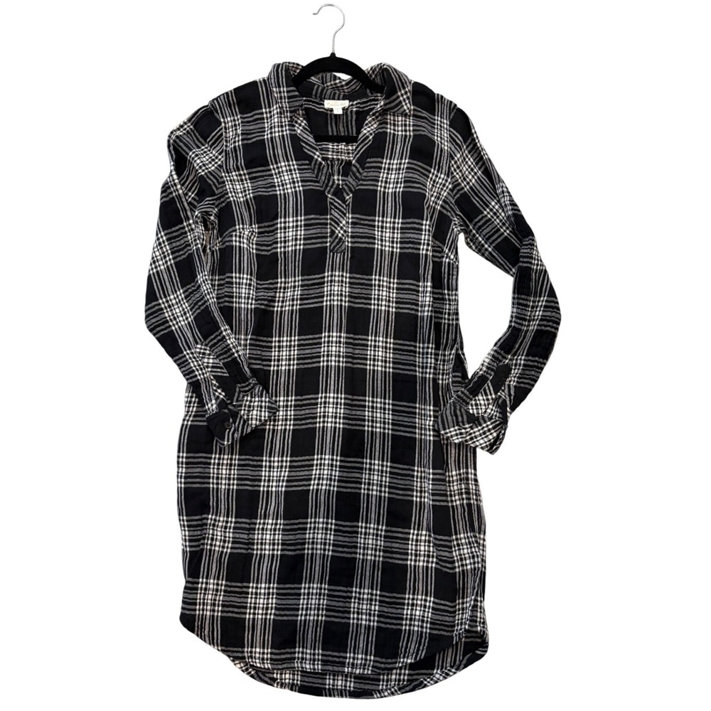 Garnet Hill Black White Plaid Popover Long Sleeve Button Front Shirt‎ Dress Sz M